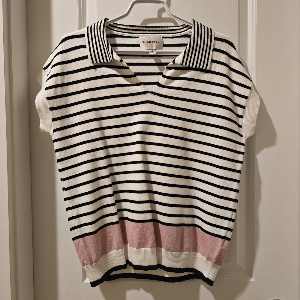INDUSTRY Striped Black and White Top with Pink Accent